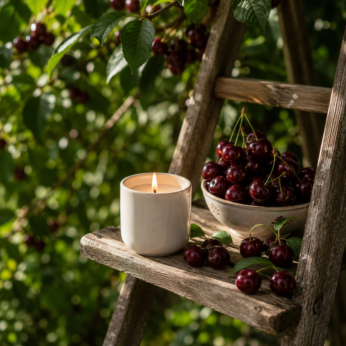 Black Cherry candle in a white ceramic jar on a rustic ladder near ripe cherries and cherry tree branches in warm sunlight. - 1