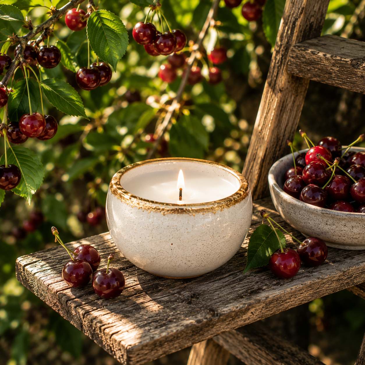 Black Cherry candle fragrance inspired scene with glowing ceramic candle, ripe dark cherries and rustic wooden ladder in sunlit cherry orchard thumbnail - 1