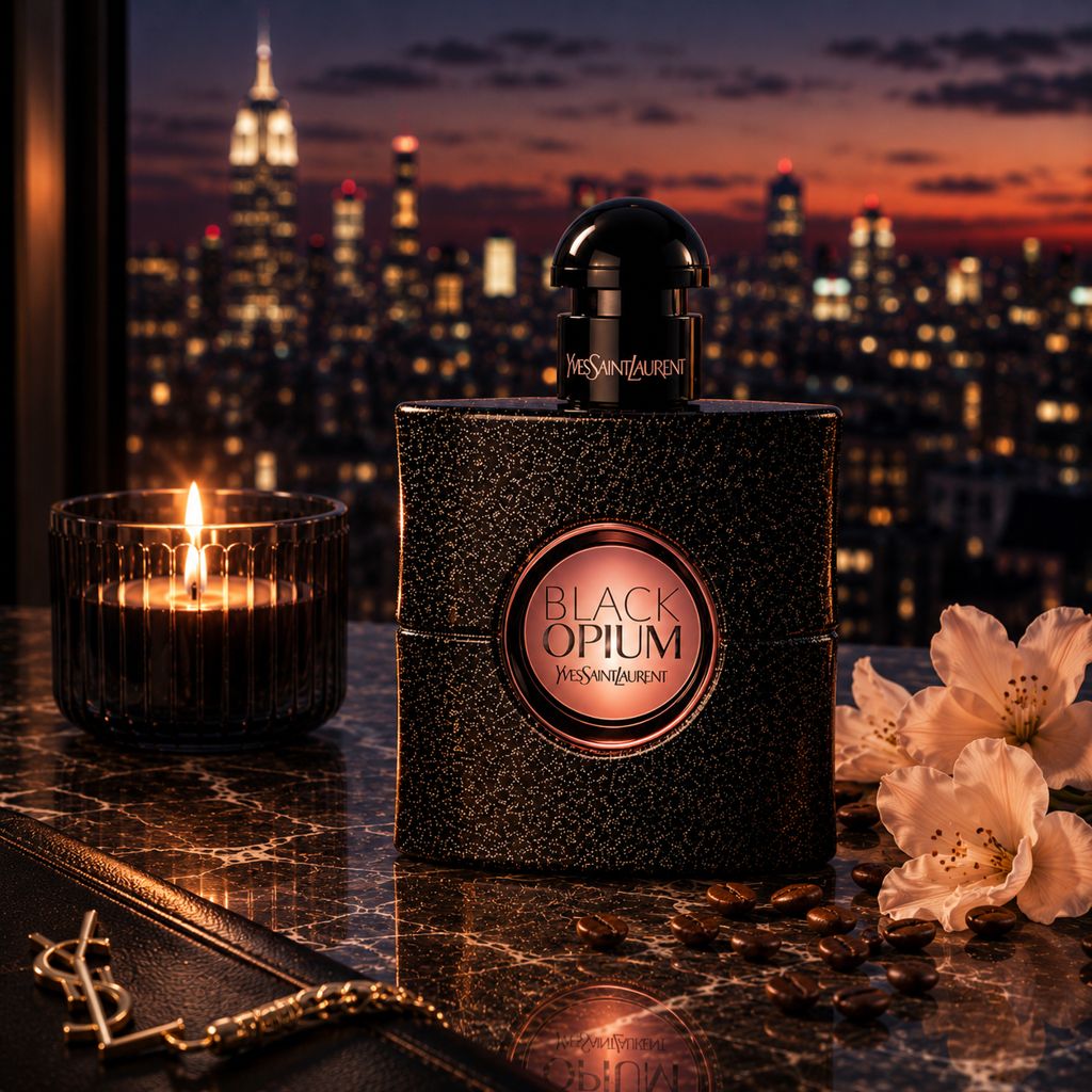 A burning candle next to a bottle of Black Opium perfume by Yves Saint Laurent against the backdrop of a night city thumbnail - 1