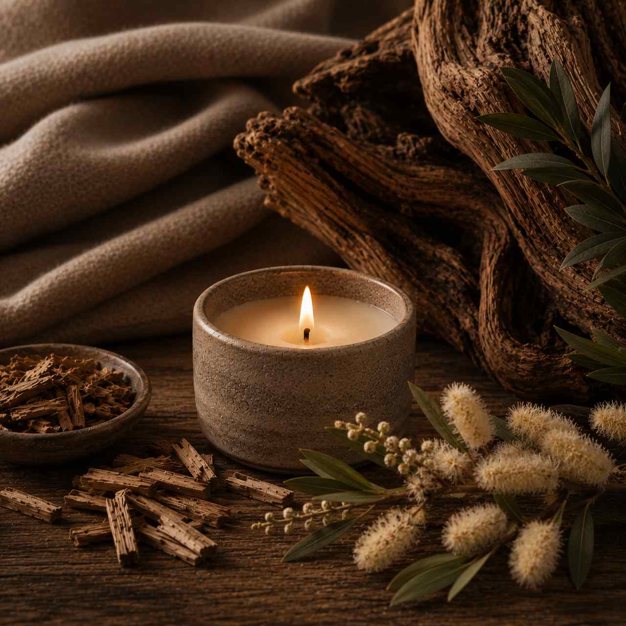 Cashmere Woods candle in a low ceramic jar surrounded by driftwood, cashmere wood branches, warm earthy textures, and soft cozy lighting. thumbnail - 1