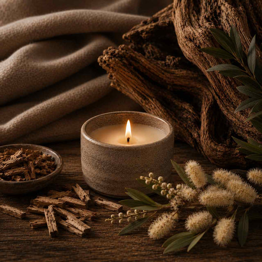 Cashmere Woods candle in a low ceramic jar surrounded by driftwood, cashmere wood branches, warm earthy textures, and soft cozy lighting.