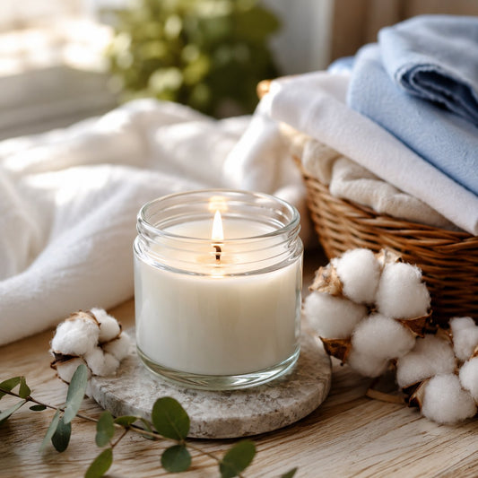 Clean Cotton candle in clear glass jar with fresh cotton flowers and soft clean linen in cozy bright interior