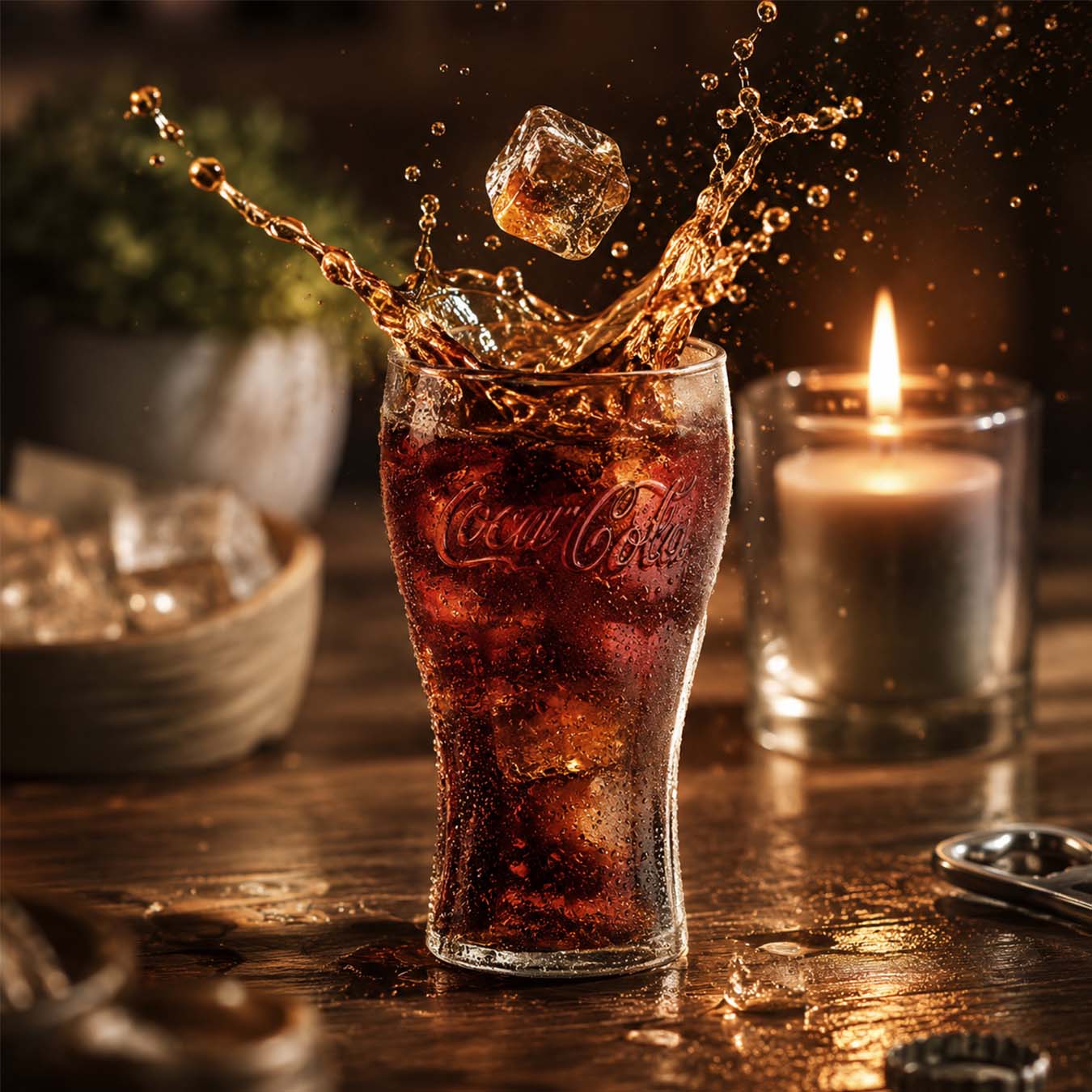 Glass of Coca-Cola with splashing ice cubes on a wooden table, candle in the background thumbnail - 1