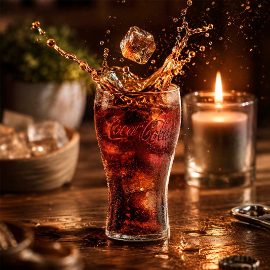 Glass of Coca-Cola with splashing ice cubes on a wooden table, candle in the background