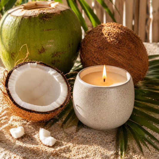 Burning coconut candle in ceramic jar with fresh green coconut, cracked coconut and tropical palm leaves in warm sunlight