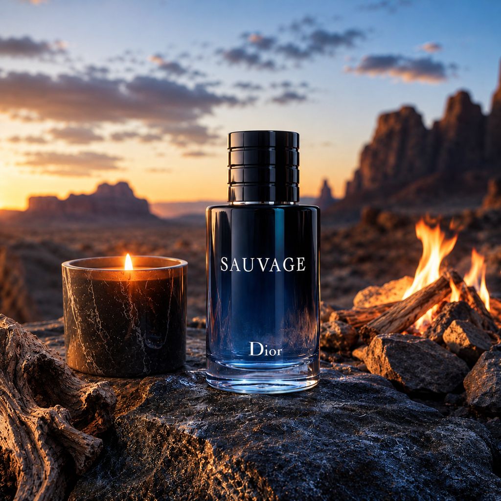 A burning candle next to a bottle of Dior Sauvage perfume against the backdrop of a fire and sunset - 1