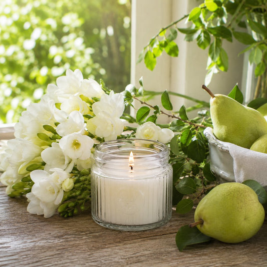 A burning candle in a jar next to English pears and freesia