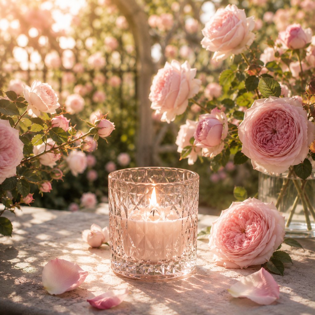 a burning candle on a table in the English Rose Garden thumbnail - 1