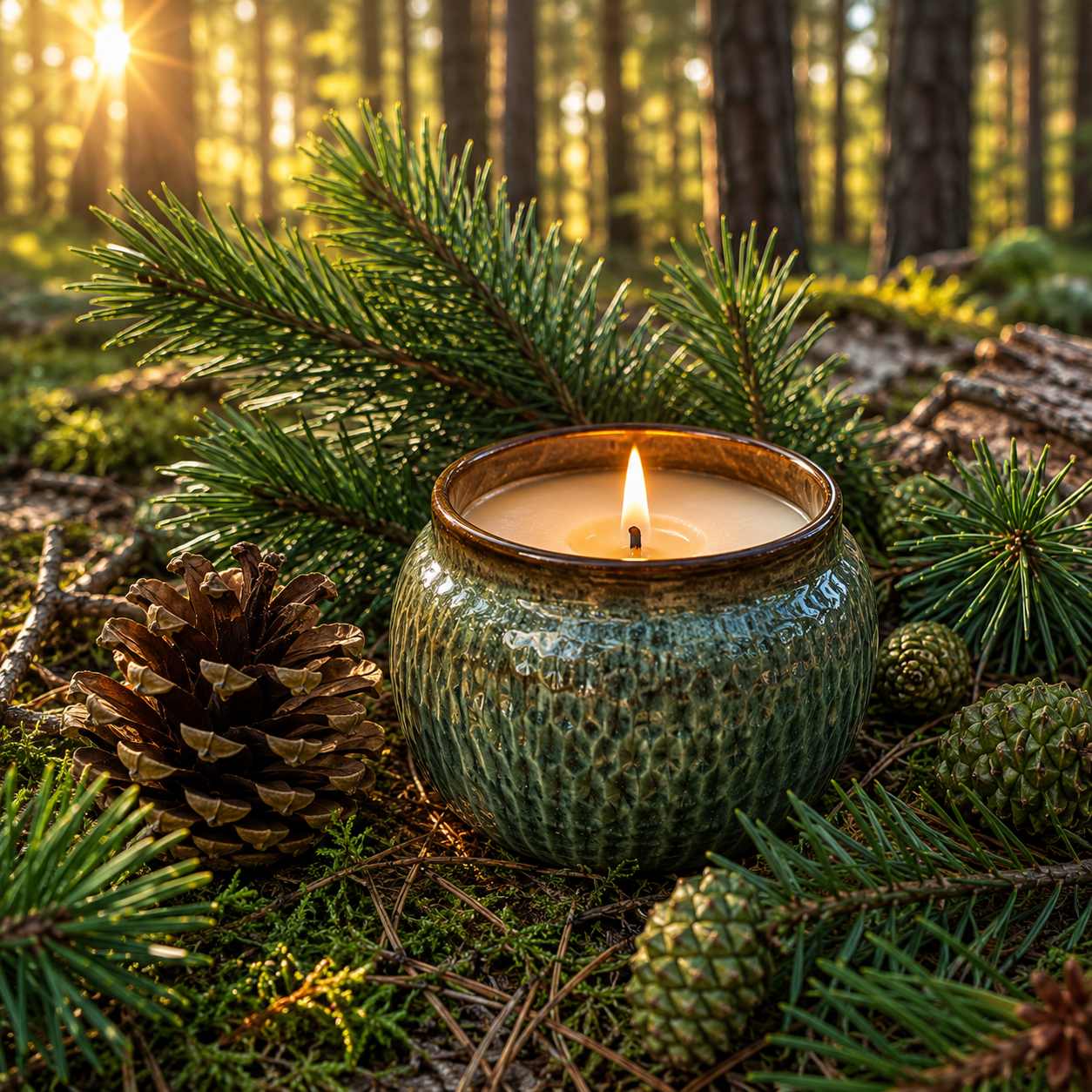 Fir Balsam candle fragrance inspired forest scene with glowing green candle, pine branches, cedar, fir cones and moss in sunlit pine forest thumbnail - 1