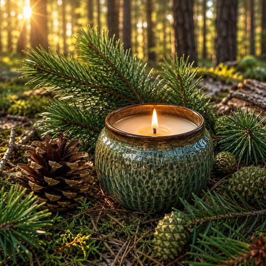 Fir Balsam candle fragrance inspired forest scene with glowing green candle, pine branches, cedar, fir cones and moss in sunlit pine forest