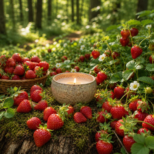 Forest Strawberry candle fragrance inspired woodland scene with glowing ceramic candle surrounded by fresh wild strawberries and moss in sunlit forest