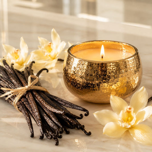 French Vanilla candle fragrance inspired luxury scene with glowing gold candle, tied vanilla pods and delicate vanilla orchid flowers in elegant interior