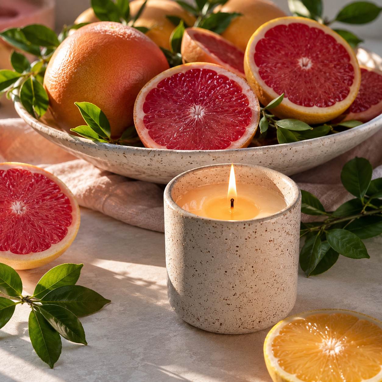 Burning grapefruit candle in ceramic jar with fresh red and yellow grapefruits and green branches on warm sunlit table thumbnail - 1