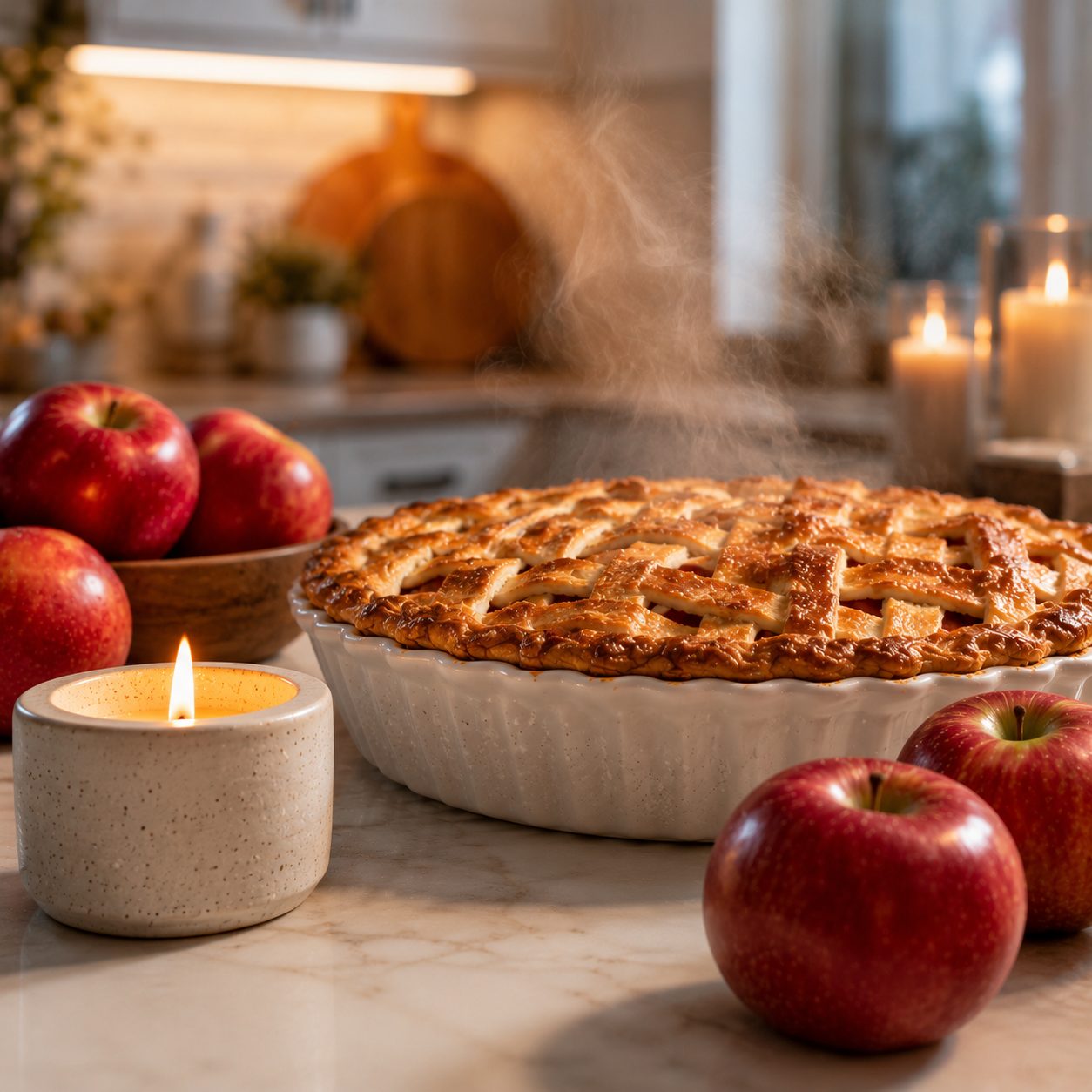 Hot Apple Pie candle fragrance inspired scene with steaming fresh apple pie, glowing candle and cozy modern kitchen atmosphere - 1