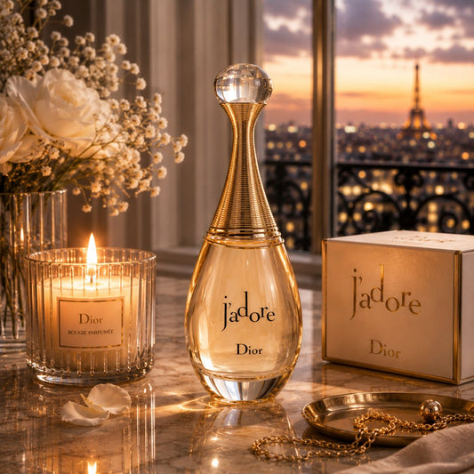 A burning candle next to a bottle of J'Adore Dior perfume and flowers against the backdrop of Paris at night
