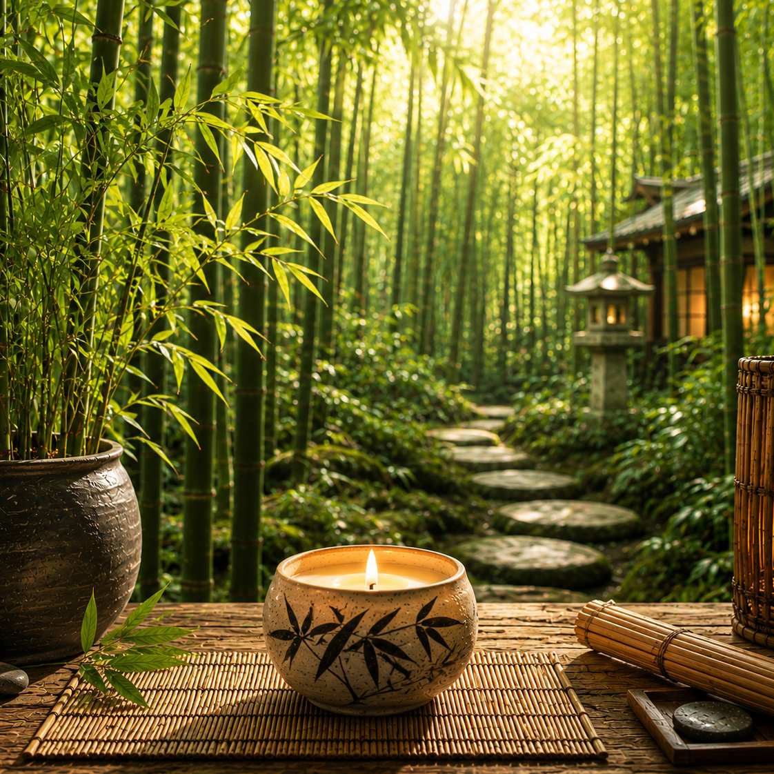 Japanese Bamboo candle fragrance oil inspired scene with glowing candle in ceramic bowl surrounded by lush bamboo forest and Japanese zen garden atmosphere thumbnail - 1