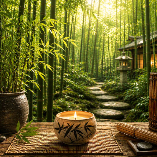 Japanese Bamboo candle fragrance oil inspired scene with glowing candle in ceramic bowl surrounded by lush bamboo forest and Japanese zen garden atmosphere