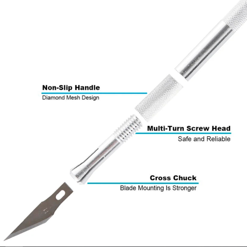 Металлический нож + 2 вида сменных лезвий по 10 штук.