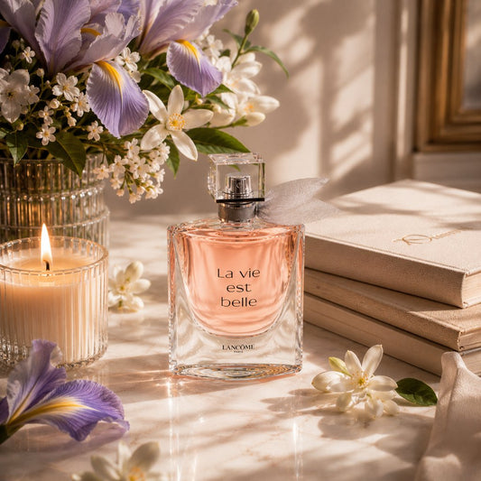 A burning candle next to a bottle of La Vie est Belle perfume against a background of a stack of books and flowers
