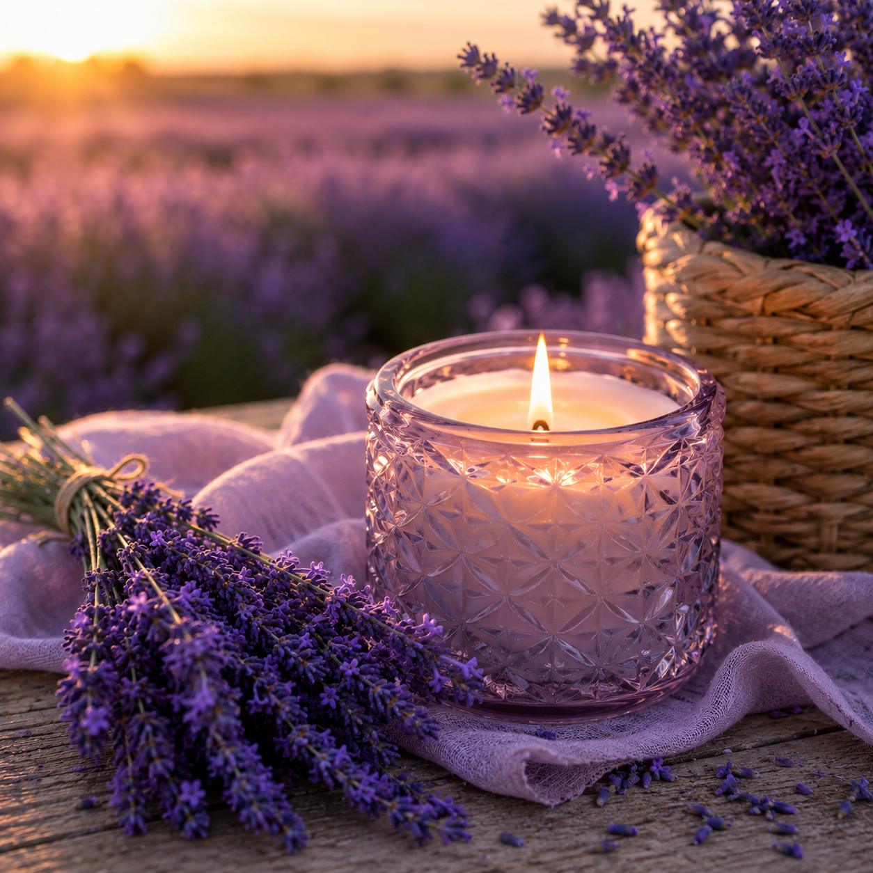 Lavender candle in purple glass jar with fresh lavender flowers on a sunset lavender field thumbnail - 1