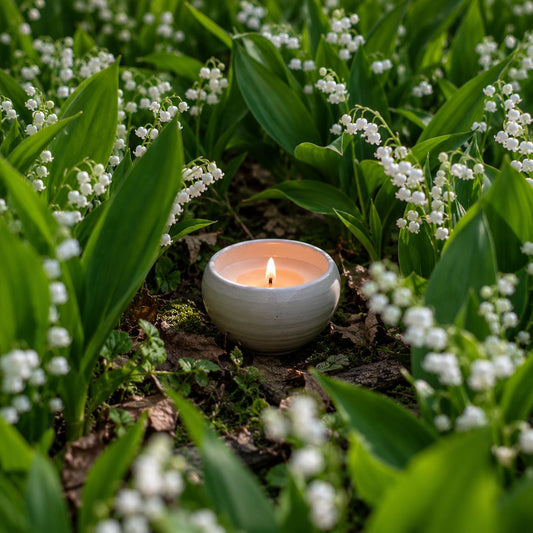 Lily of the Valley candle fragrance inspired scene with glowing ceramic candle surrounded by blooming lily of the valley flowers in lush green forest