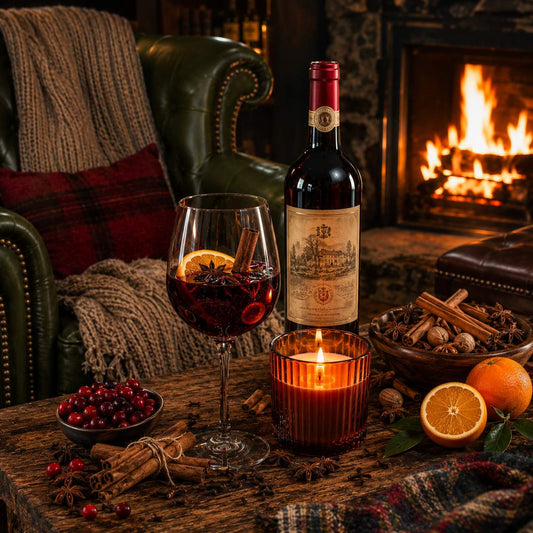 Mulled Wine candle fragrance inspired cozy fireplace scene with glowing candle, glass of hot spiced wine, Italian red wine bottle and warm winter spices
