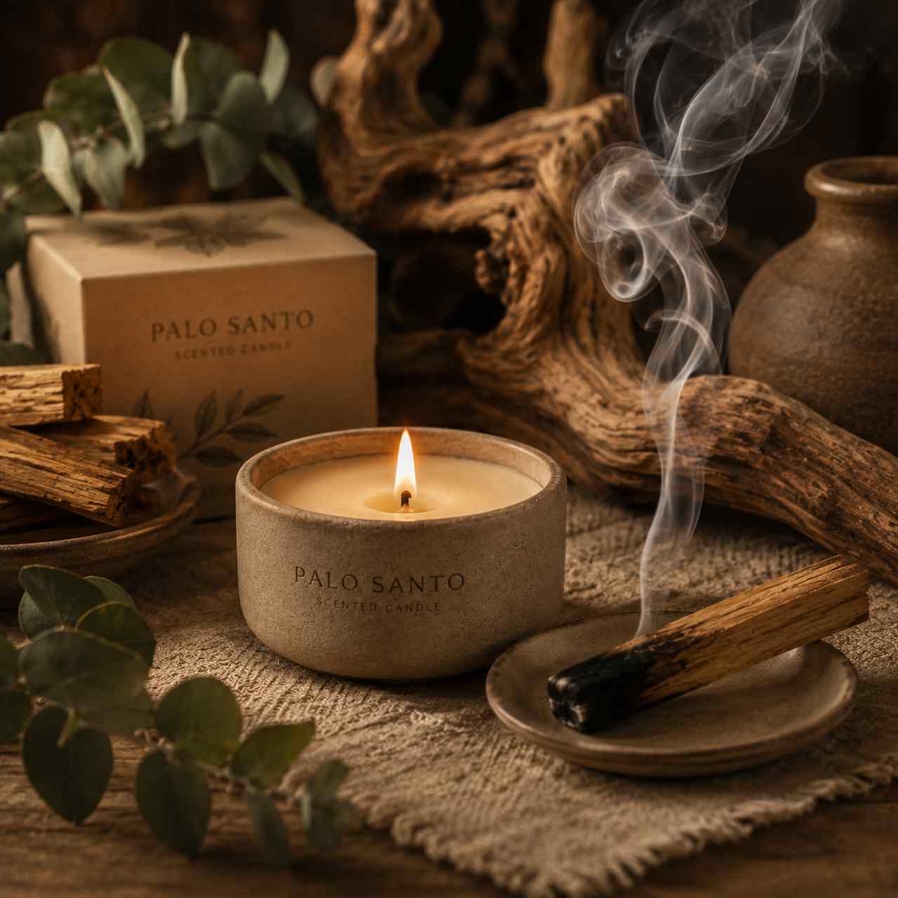 Palo Santo candle in a low ceramic jar with a smoking Palo Santo stick, warm wood textures, natural earthy decor, and cozy aromatic atmosphere. - 1