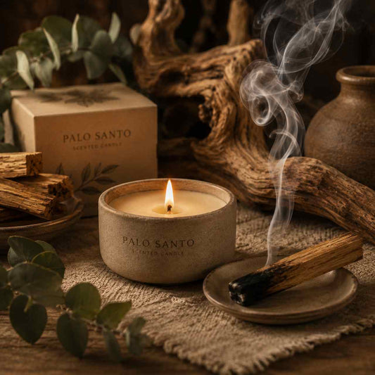 Palo Santo candle in a low ceramic jar with a smoking Palo Santo stick, warm wood textures, natural earthy decor, and cozy aromatic atmosphere.