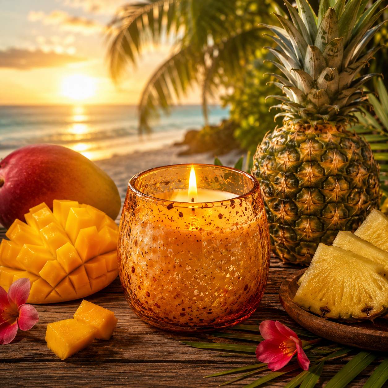 Pineapple Mango candle fragrance inspired tropical scene with glowing candle, juicy pineapple, fresh mango and sunset beach atmosphere thumbnail - 1