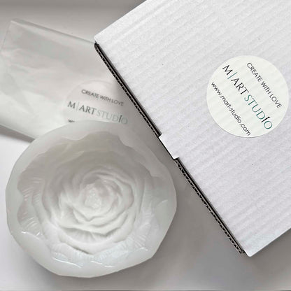 Large, high-quality white silicone mold for making a peony-shaped candle