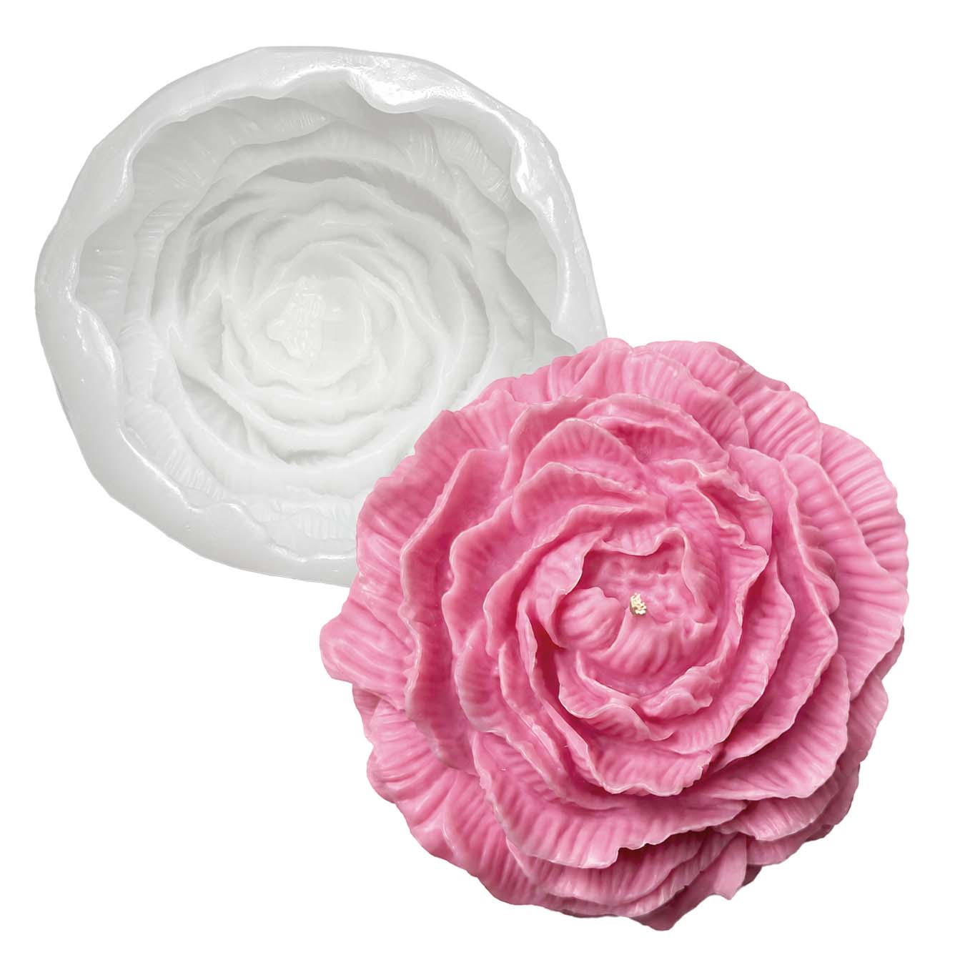 Pink rose-shaped mold next to a white rose-shaped silicone mold on a white background thumbnail - 1