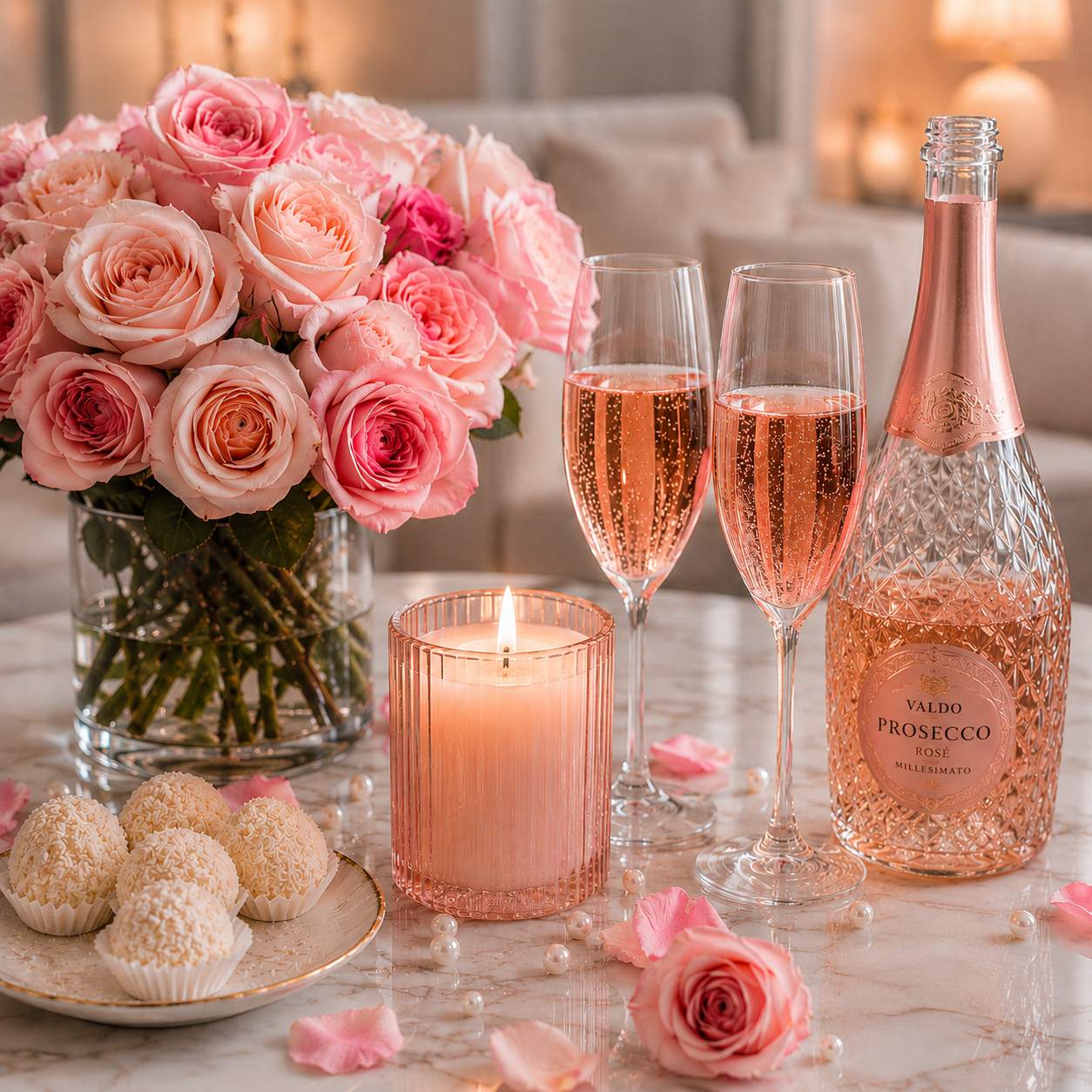 Prosecco Rose candle fragrance inspired luxury scene with glowing pink candle, Italian rosé prosecco, sparkling glasses, pink roses and coconut sweets - 1