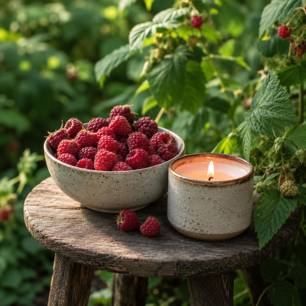Raspberry candle fragrance inspired garden scene with glowing ceramic candle, fresh raspberries in rustic bowl and sunlit raspberry bushes - 1
