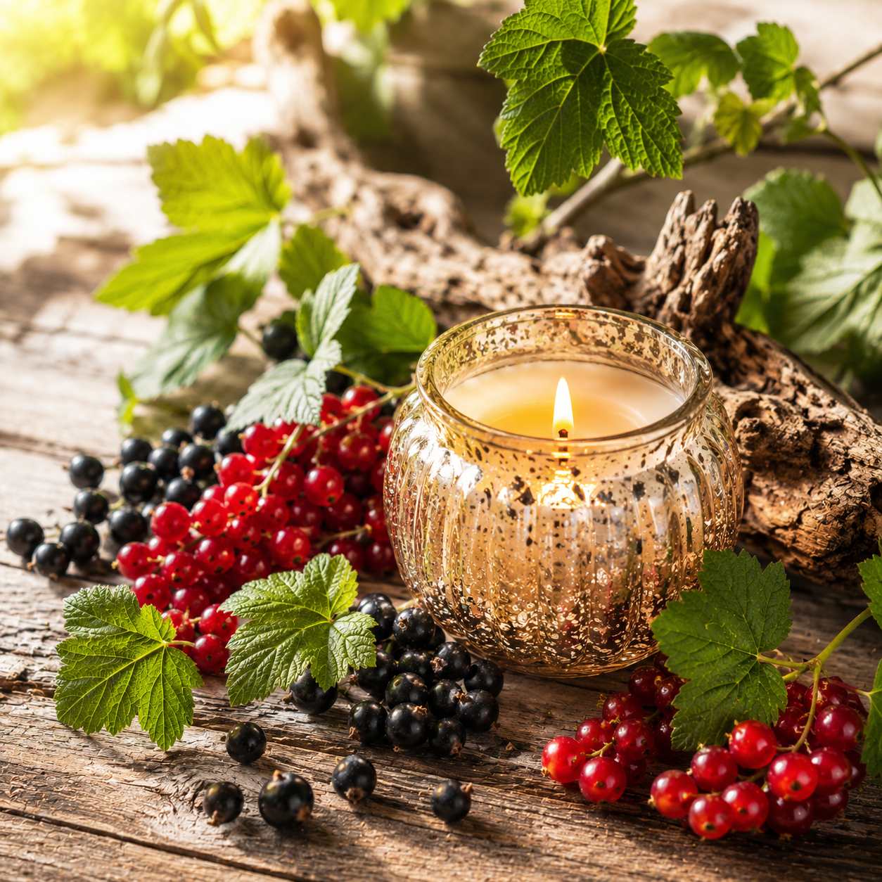 Rosewood Currant candle fragrance inspired scene with glowing luxury candle, black and red currant branches, green leaves and rustic wood atmosphere thumbnail - 1