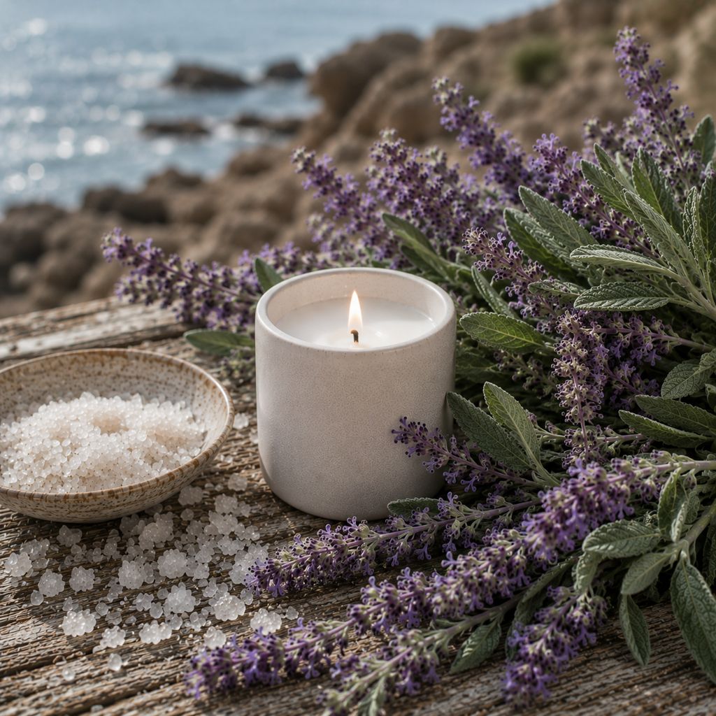 a burning candle against the backdrop of the sea, with sage and sea salt nearby thumbnail - 1