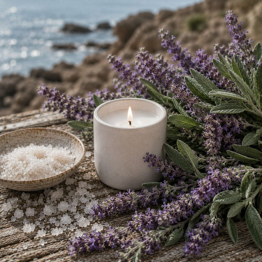 a burning candle against the backdrop of the sea, with sage and sea salt nearby