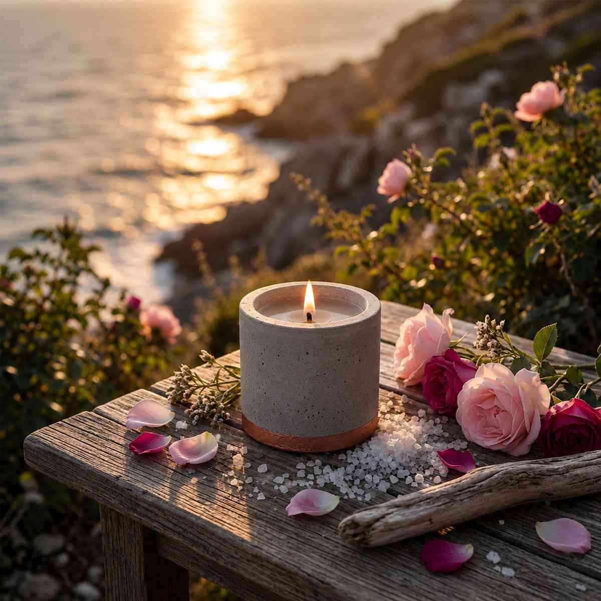 Sea Salt Rose candle in a ceramic jar on a rustic seaside table surrounded by pink roses, sea salt crystals, driftwood, and warm sunset coastal light. thumbnail - 1