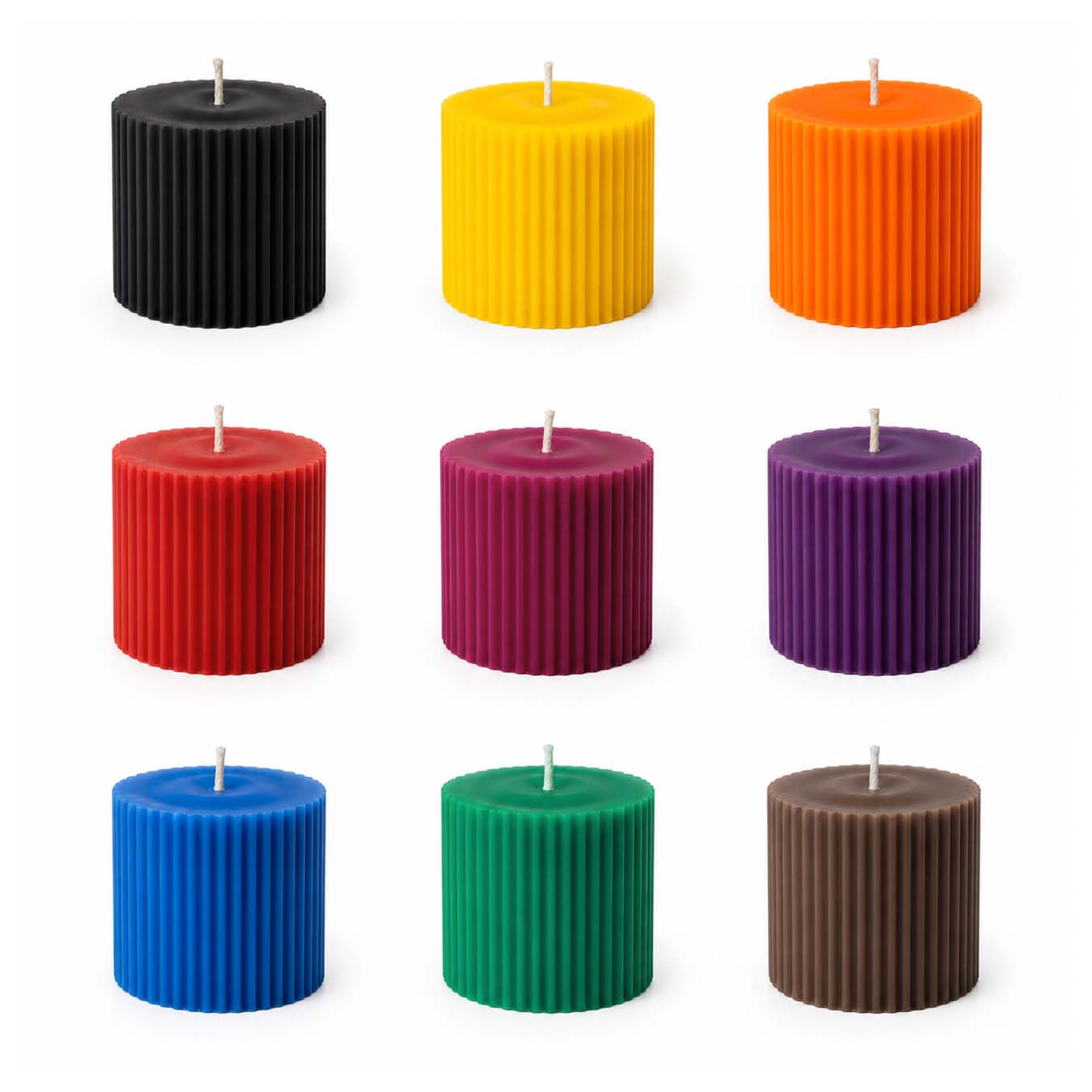 Set of 9 colored pillar candles made with liquid wax dyes for candle making – black, yellow, orange, red, magenta, purple, blue, green and brown thumbnail - 3