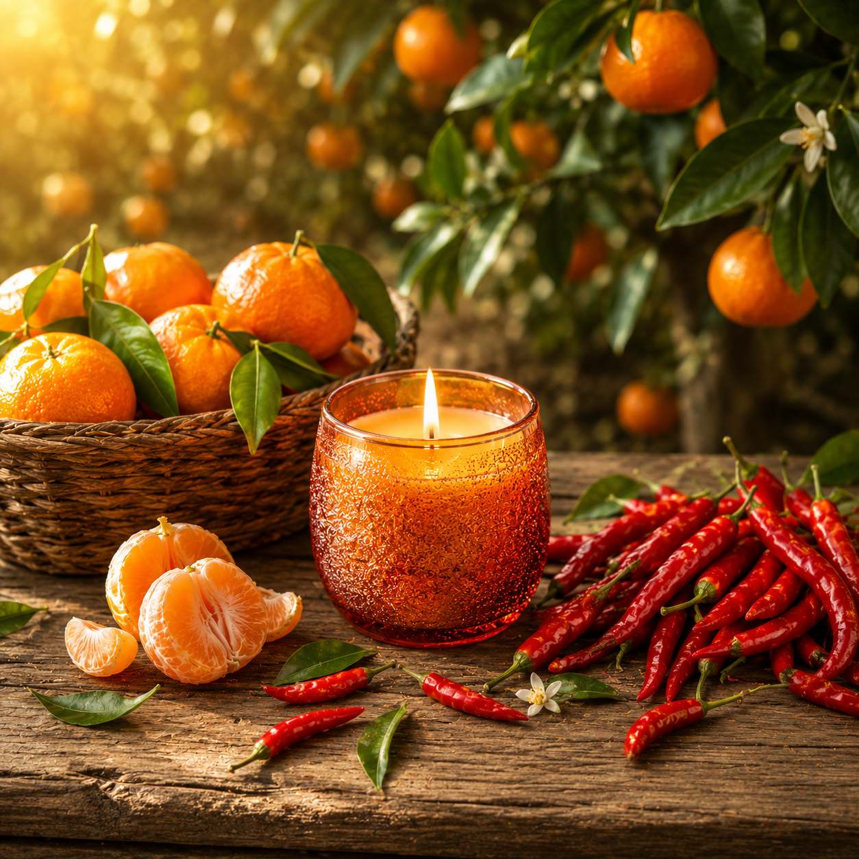 Sweet Mandarine & Chili Pepper candle fragrance inspired scene with glowing candle, fresh mandarines, red chili peppers and rustic wooden table - 1