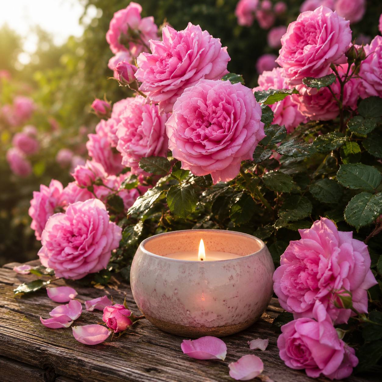 Luxury scented candle with blooming pink tea roses in a romantic garden at sunset thumbnail - 1