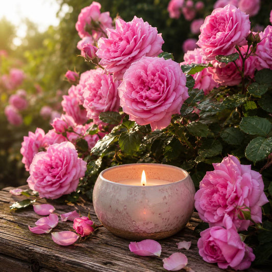 Luxury scented candle with blooming pink tea roses in a romantic garden at sunset