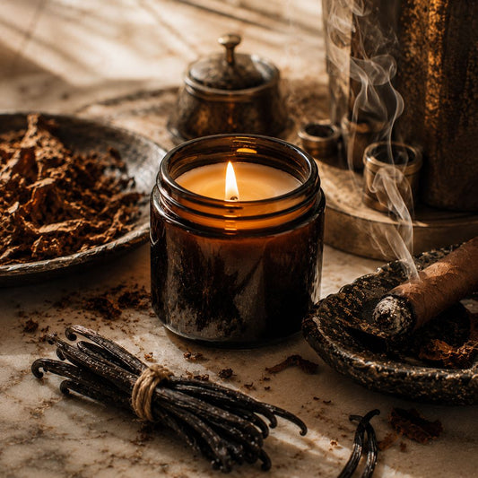 a burning candle in a dark jar next to a smoldering cigar, vanilla pods and tobacco