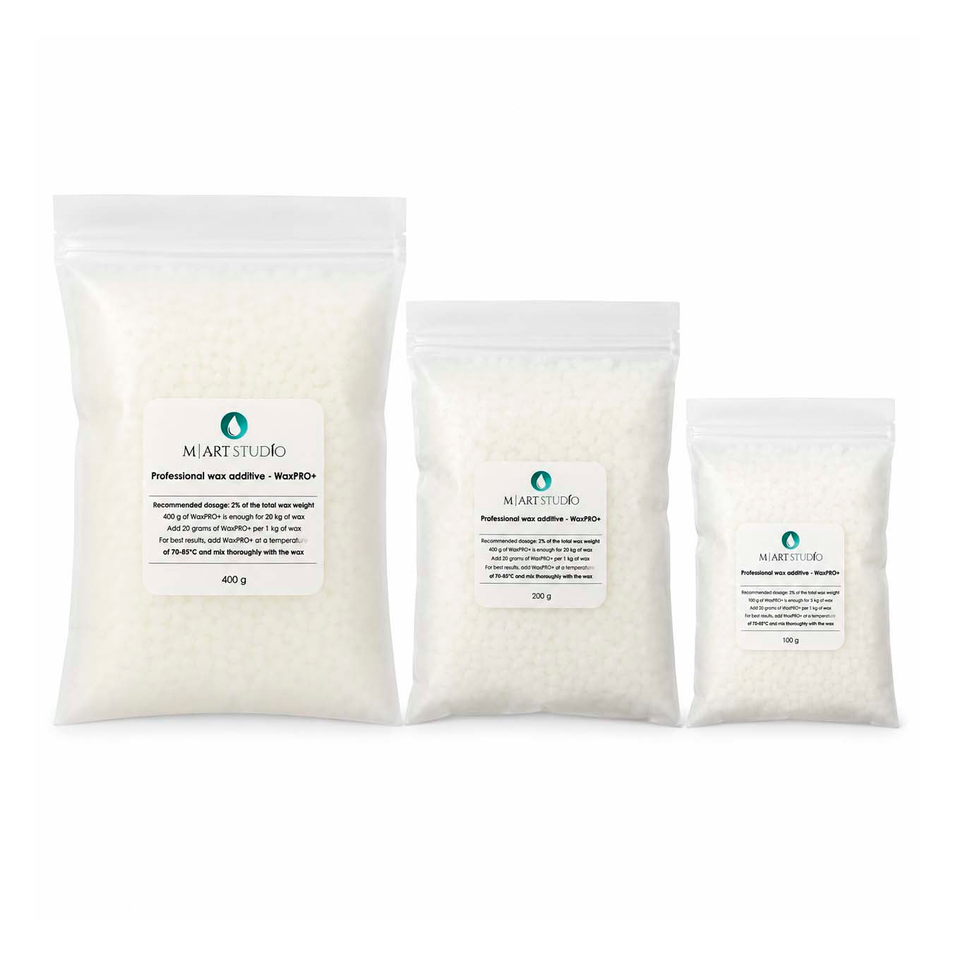 WaxPRO+ candle wax additive in 100 g, 200 g and 400 g packaging for professional candle making thumbnail - 1