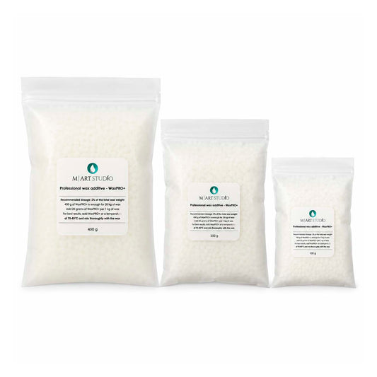 WaxPRO+ candle wax additive in 100 g, 200 g and 400 g packaging for professional candle making