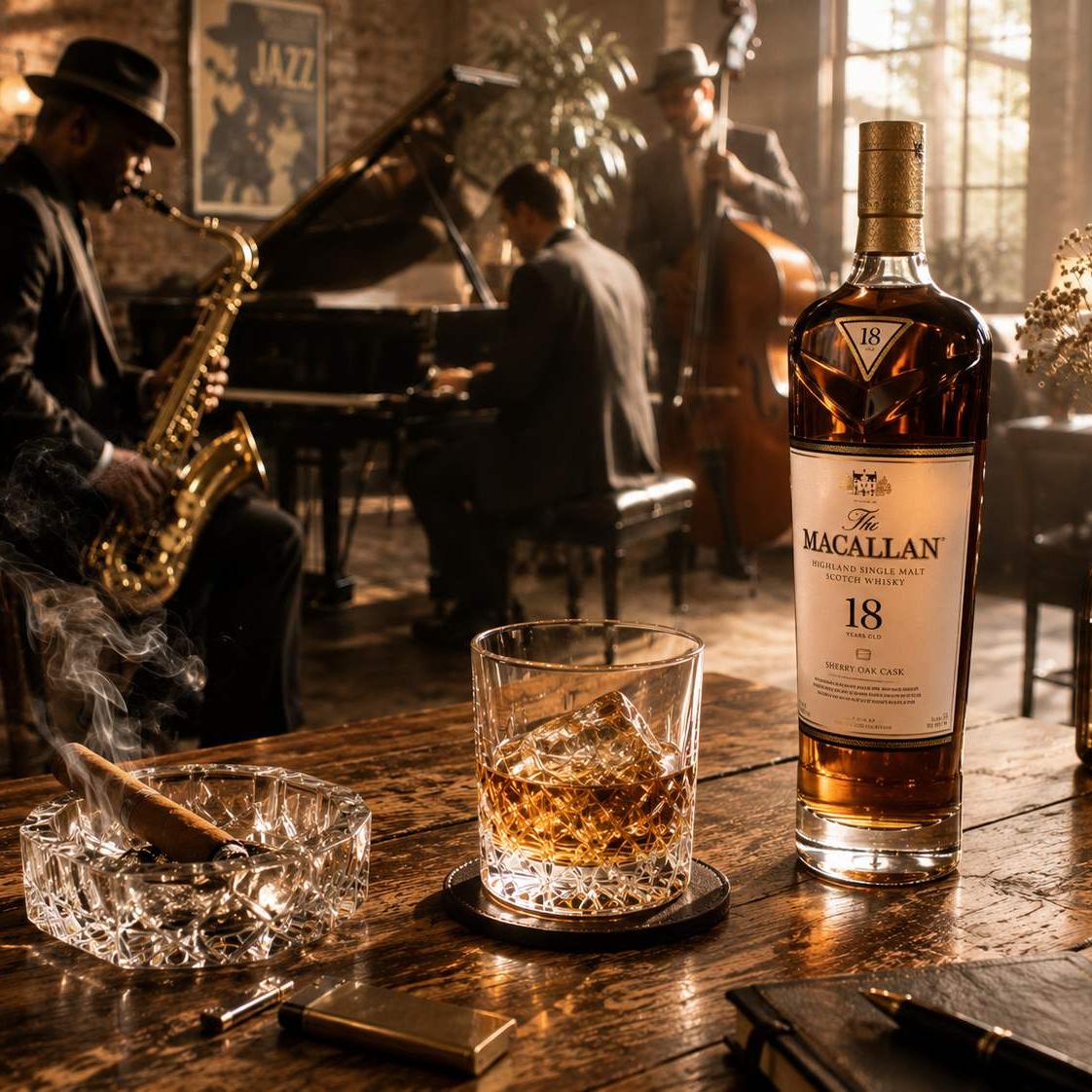 Luxury Whisky & Jazz candle fragrance oil atmosphere with premium whiskey bottle, cigar, jazz lounge and glowing candle on wooden table - 1