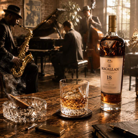 Luxury Whisky & Jazz candle fragrance oil atmosphere with premium whiskey bottle, cigar, jazz lounge and glowing candle on wooden table